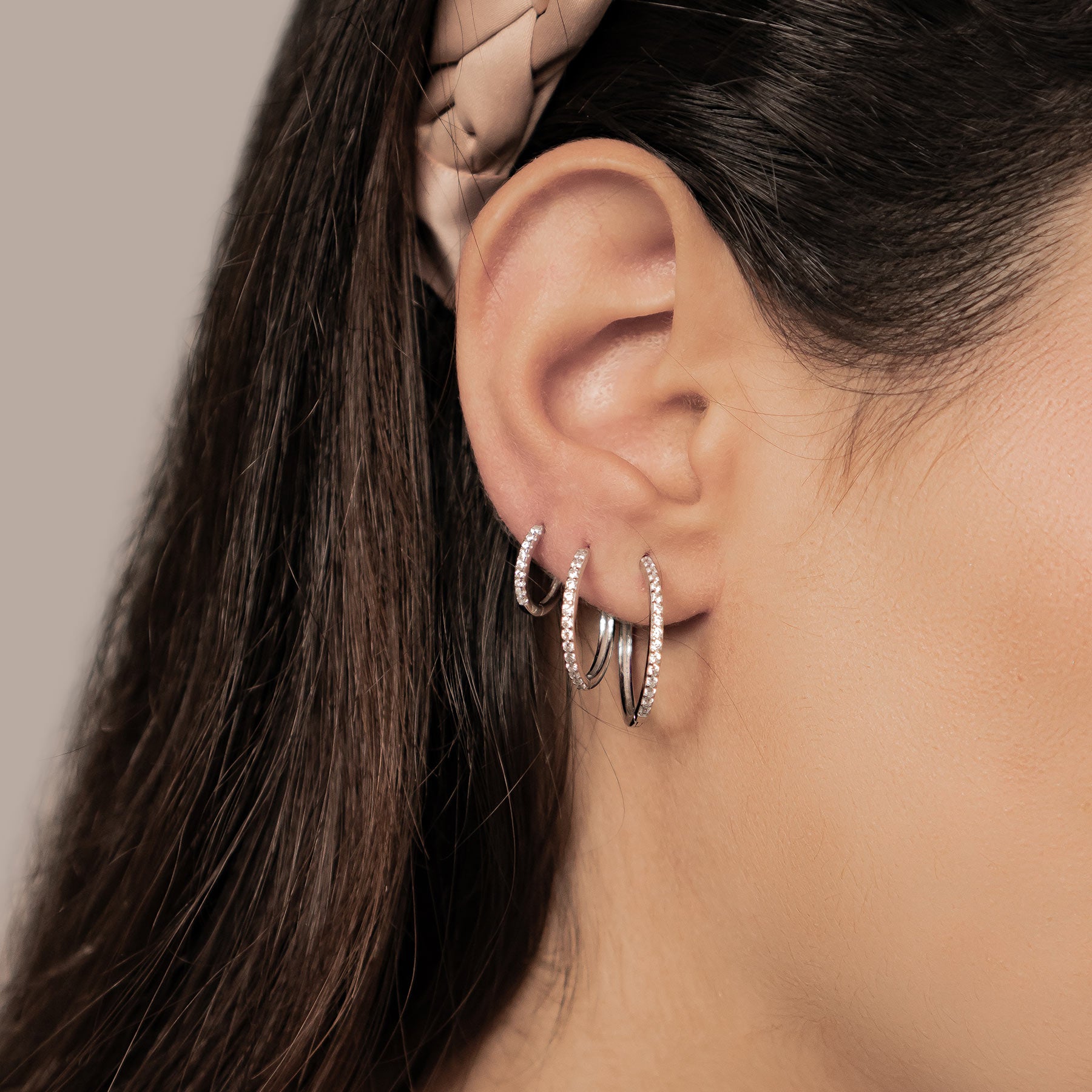 Clear Stone Trio Earring Hoop Set Sterling Silver